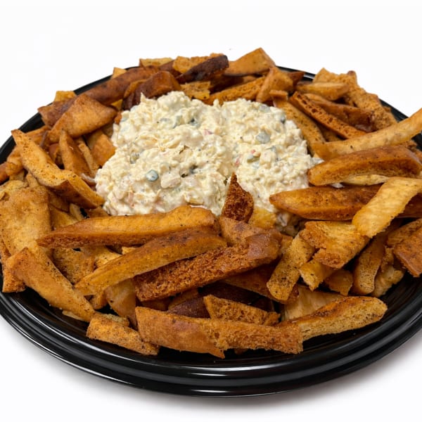 A black platter filled with golden-brown pita chips surrounding two mounds of creamy dip.