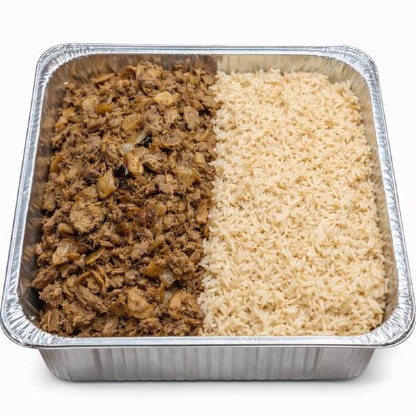 Aluminum tray filled with half brown rice and half ground meat with onions.