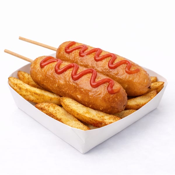 Two corn dogs with ketchup and a side of potato wedges in a white paper tray.
