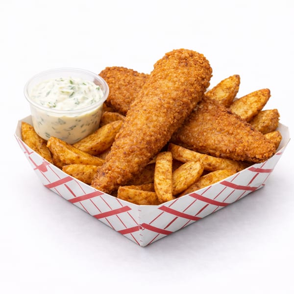 Crispy fried fish and potato wedges in a paper tray with a side of tartar sauce.