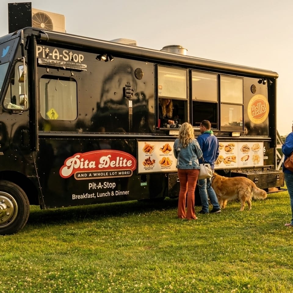 People and a golden retriever dog line up at the black "Pita Delite" food truck on a grassy field.