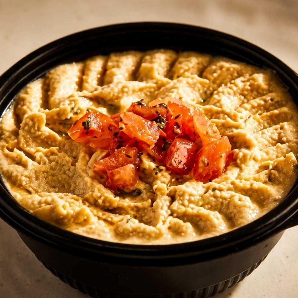 Creamy hummus topped with diced tomatoes and spices in a black bowl on a light plate.