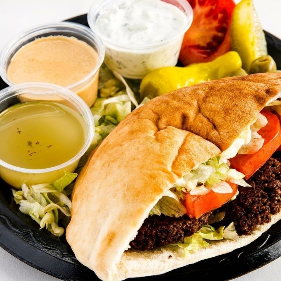 Falafel pita sandwich with lettuce, tomatoes, and sauces on a black plate.