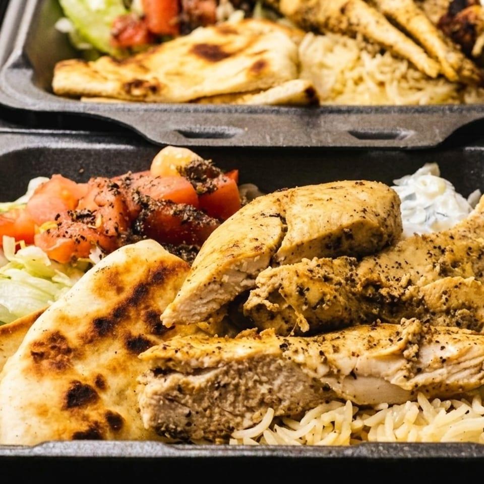 Multiple takeout containers filled with grilled chicken, rice, pita bread, and fresh salad.