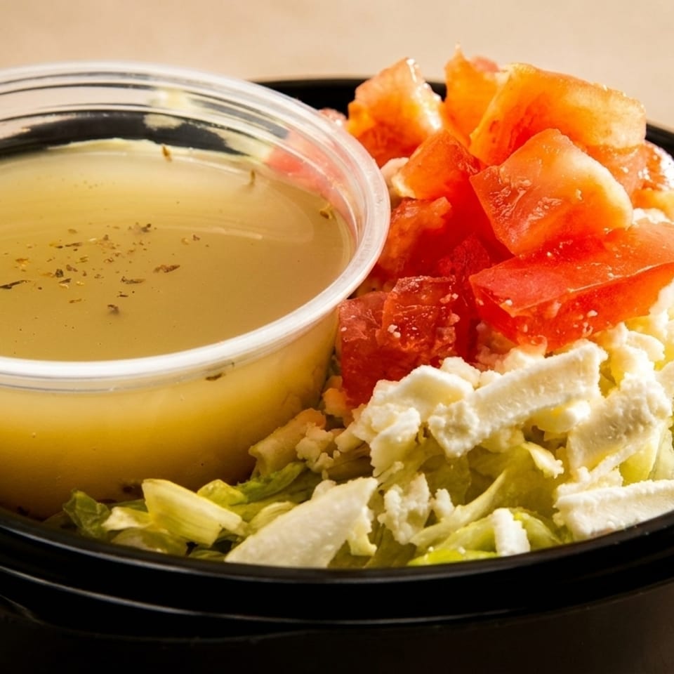 A black bowl with a side salad of lettuce, tomatoes, feta cheese, and a cup of dressing.