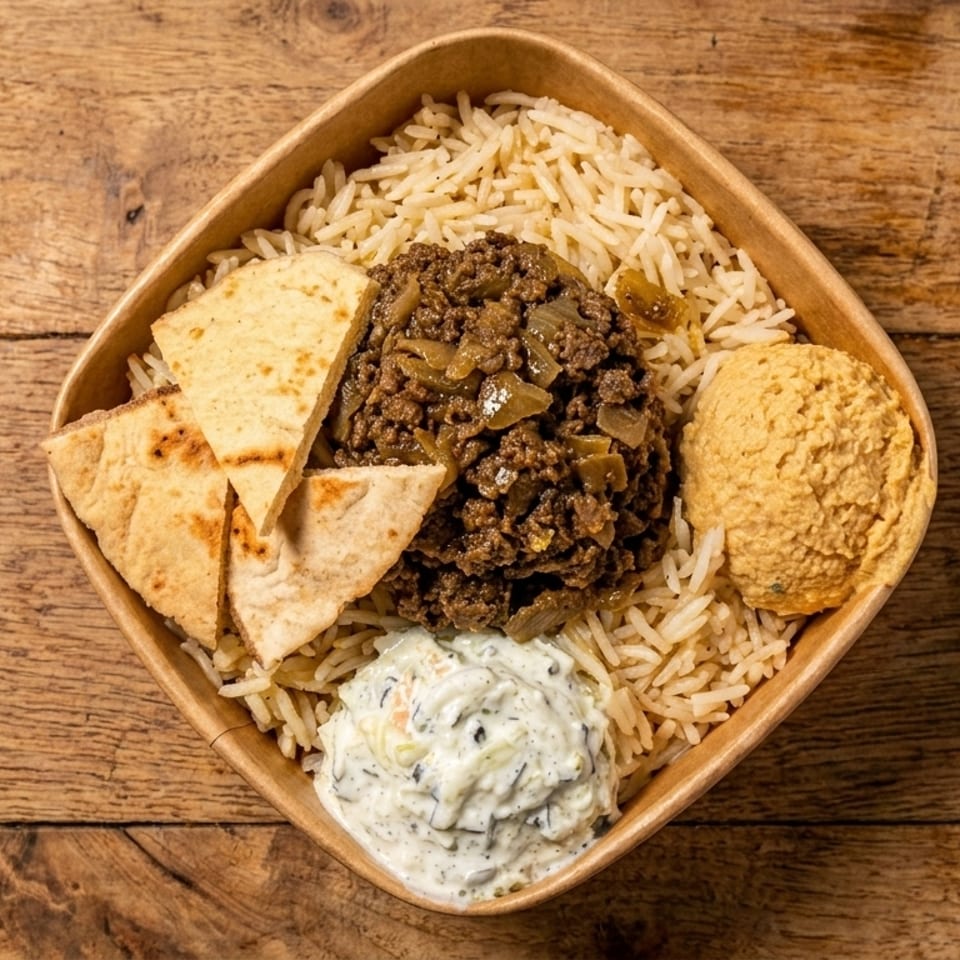 A takeout bowl with rice, ground meat, pita bread, hummus, and tzatziki on a wooden table.