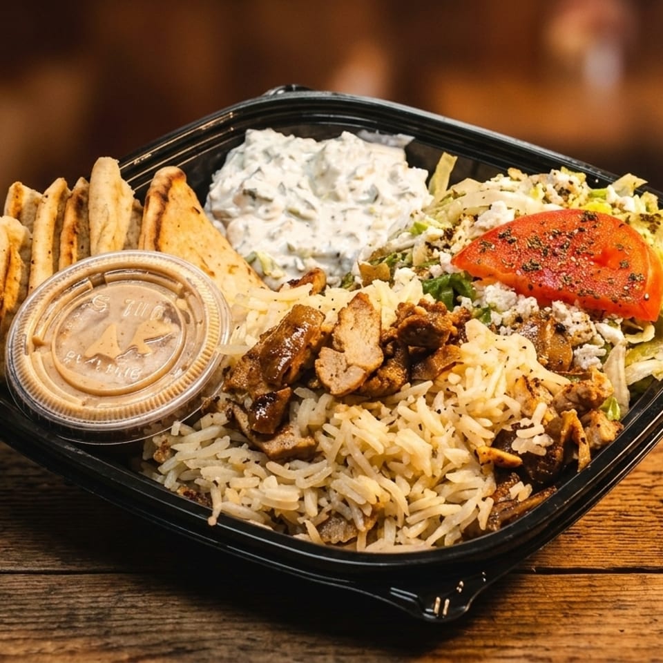 A takeout container filled with chicken and rice, pita bread, tzatziki, salad, and a side of sauce.