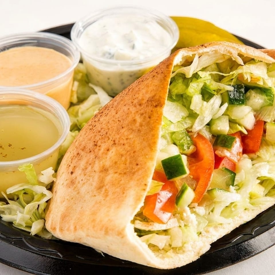 Pita bread sandwich filled with lettuce, tomatoes, and cucumbers, served with three dipping sauces.