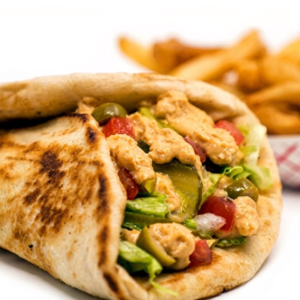 A chicken pita wrap with lettuce, tomatoes, and pickles, served with a side of french fries.