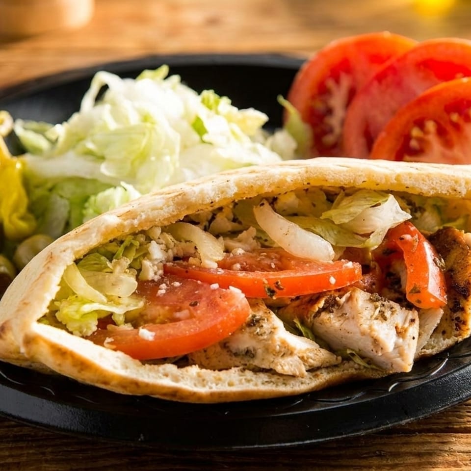 Chicken pita sandwich with lettuce, tomatoes, and feta, served with a side salad and olives.