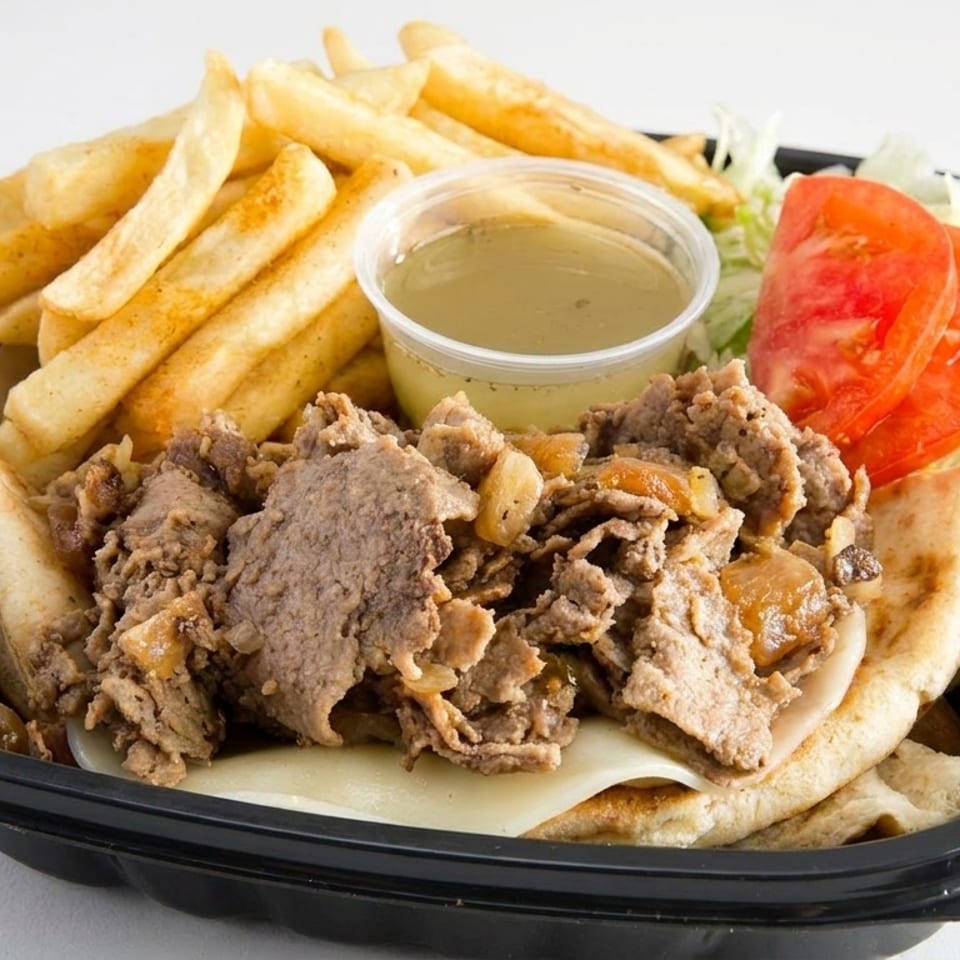 Cheesesteak platter with fries, lettuce, tomatoes, and a side of sauce in a black to-go container.