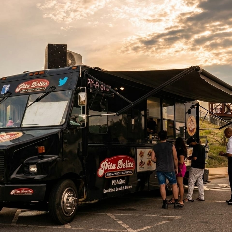 People order food from the Pita Delite food truck under a dramatic cloudy sky at sunset.