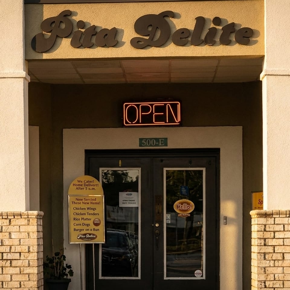 Pita Delite storefront with an "OPEN" sign, double doors, and a menu board outside.