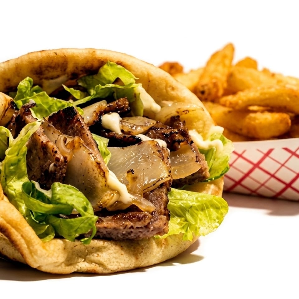 A gyro with meat, lettuce, and onions, served with a side of golden french fries.