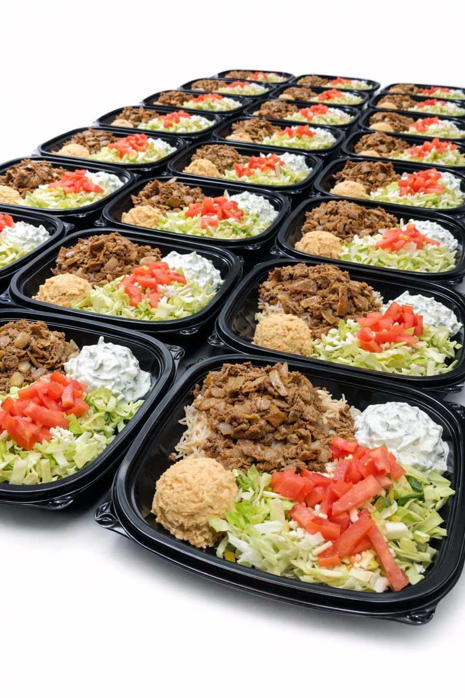 Rows of takeout containers filled with rice, meat, lettuce, tomatoes, hummus, and tzatziki.